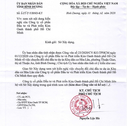 UBND tỉnh Bình Dương giao Sở Xây Dựng xem xét chuyển đổi chủ đầu tư khu dân cư Hòa Lân sang đơn vị trúng đấu giá – công ty Kim Oanh.