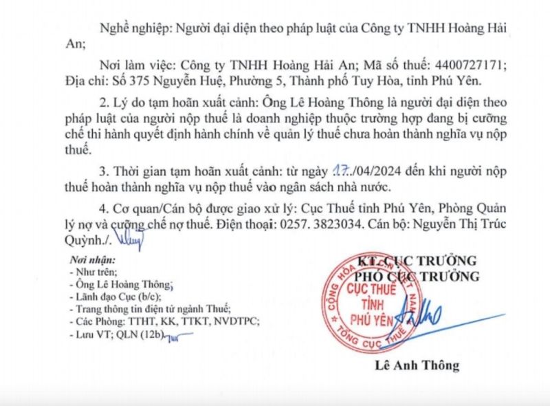Tạm hoãn xuất cảnh đối với Giám đốc Công ty TNHH Hoàng Hải An