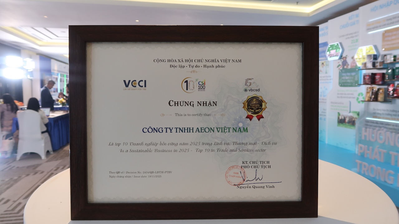 AEON Việt Nam 3 năm liên tiếp vào Top 3 Doanh nghiệp bền vững ngành Thương mại – Dịch vụ